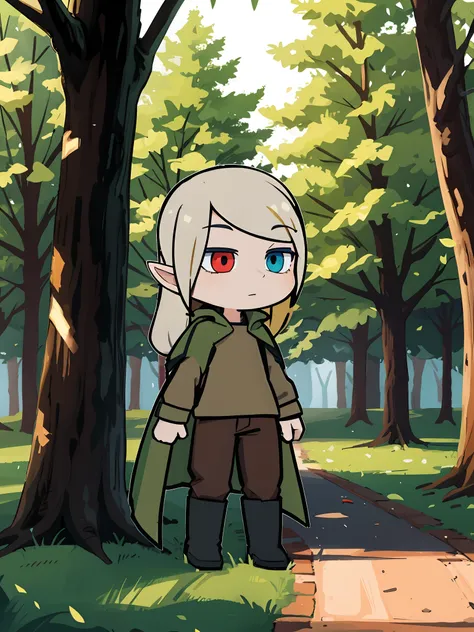 Guy Elf, blonde man, Red right eye, The left eye is blue, Khaki shirt, brown pants, green raincoat, Black Boots, Background Forest, One eye is red, The other eye is blue