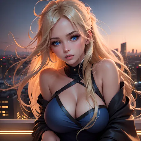 “Shoot a portrait of a sexy beautiful young woman with windswept blonde locks and striking blue eyes on a city rooftop at twilight. The city lights illuminate her, blending the golden hues of her hair with the dusky blues of the evening sky. She gazes out,...