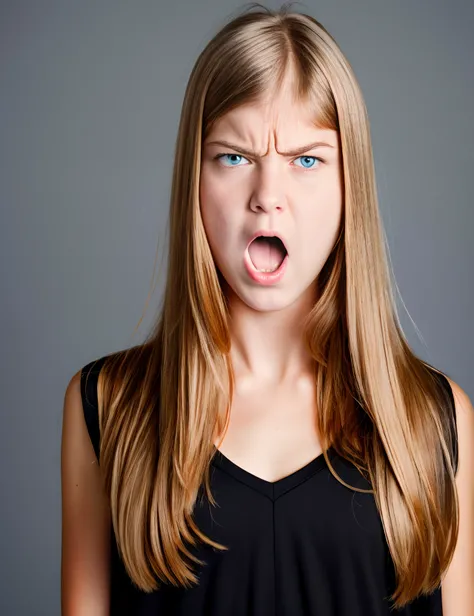 Blonde teenager with light eyes and an angry face