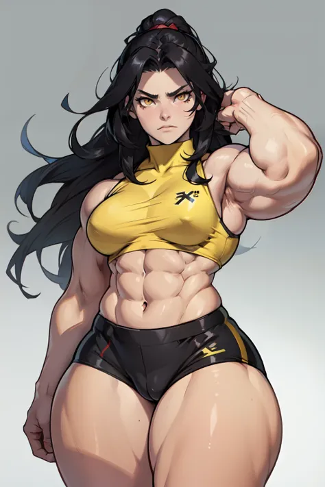 ((((1girl muscular thick thighs)))) pale skin angry black hair very long hair yellow eyes small breasts