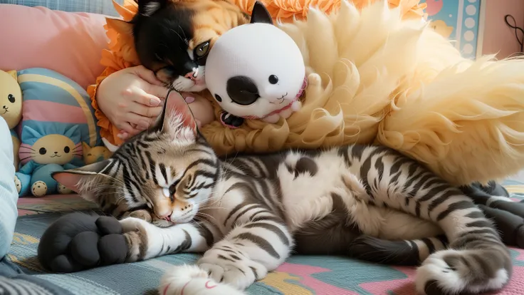 a cat that is laying down with a stuffed animal, plush toy, stuffed toy, photo of a cat, kitten, cat sleeping, cute kitten, stuffed animal, cute furry needs your help, an adorable kitten, miniature kitten, cute cat photo, cute cat, a cute cat, kitten puppy...