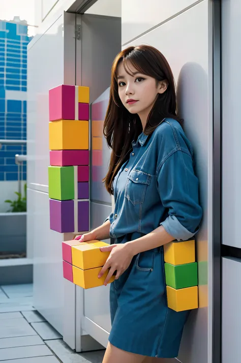 1 woman, stacking up big colorful tetris like blocks, build wall