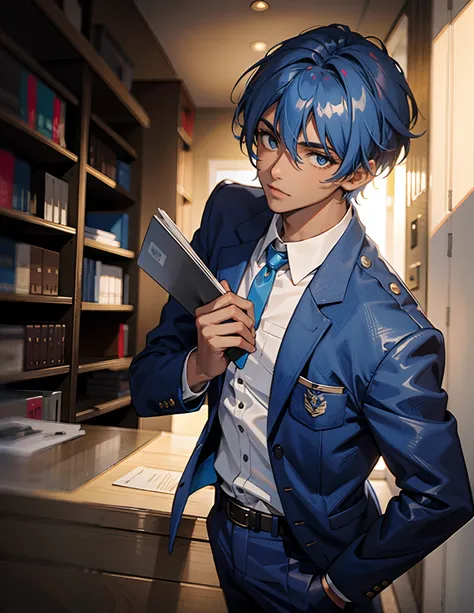 One person, dark skin, blue hair, highschool uniform, male