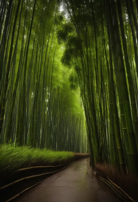 Image: A bamboo grove in the rain, Descriptive Keywords: Rainy, Green, Bamboo Grove, Refreshing, Wet, Camera Type: Mirrorless, Camera Lens Type: Wide-angle, Time of Day: Rainy day, Style of Photograph: Moody weather, Type of Film: None