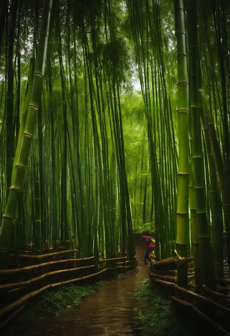 Image: A bamboo grove in the rain, Descriptive Keywords: Rainy, Green, Bamboo Grove, Refreshing, Wet, Camera Type: Mirrorless, Camera Lens Type: Wide-angle, Time of Day: Rainy day, Style of Photograph: Moody weather, Type of Film: None