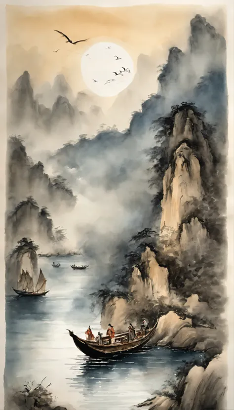 Chinese landscape painting，ink and watercolor painting，water ink，ink，Smudge，Faraway view，Ultra-wide viewing angle，Meticulous，low-saturation，Low contrast，Night rendering，nighttime scene，The sea rises and the moon rises，The light boat has crossed the Ten Tho...