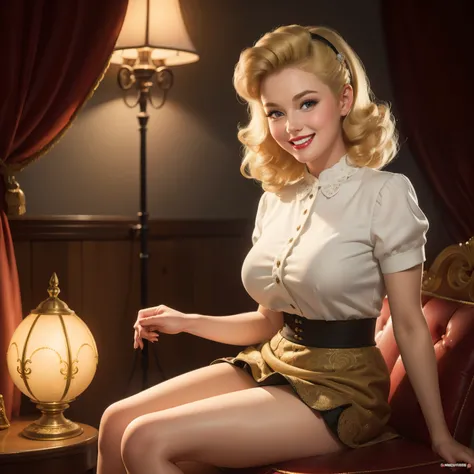 (masterpiece:1.4), (best quality:1.4), retro vintage pin-up style, extremely detailed, intricate, hyper-detailed, illustration, soft lighting, 20 years old girl,  Blonde hair, doted skirt, bend_over, grin, (perfect_face), sitting, bad, ornate, intricate, d...