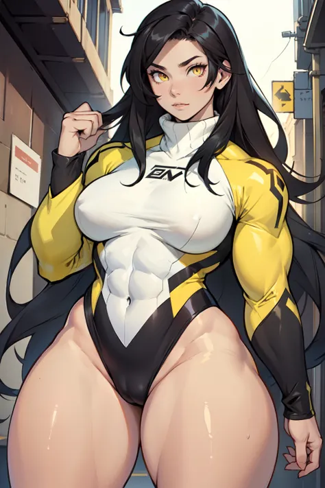 ((((1girl muscular thick thighs)))) pale skin black hair very long hair yellow eyes small breasts long sleeves turtle neck