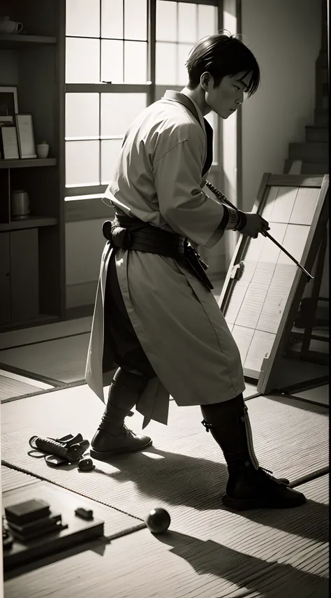 Japanese man,Battle scene between , in the house,recovered photograph