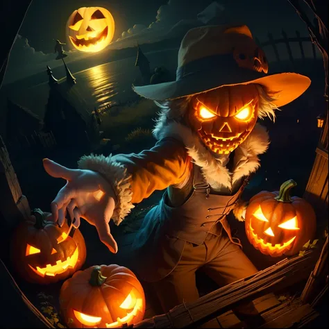 foreshortening,  depth of field, masterpiece, best quality, a scarecrow emerges, its pumpkin head grinning wickedly, and it clutches two jack-o-lanterns, turning the night into a scene from a ghostly tale.