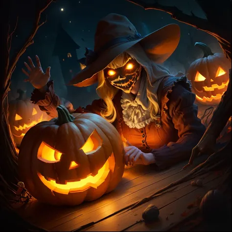 foreshortening,  depth of field, masterpiece, best quality, a scarecrow emerges, its pumpkin head grinning wickedly, and it clutches two jack-o-lanterns, turning the night into a scene from a ghostly tale.