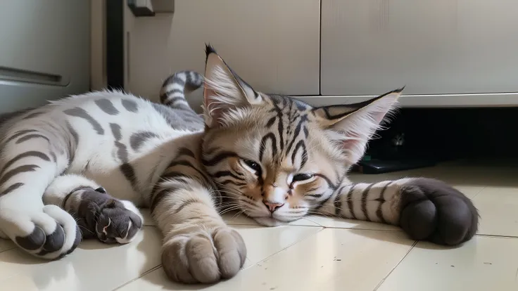 a cat laying on the floor next to a refrigerator, cat sleeping, photo of a cat, cat photo, cute cat photo, cute cat, cute furry needs your help, tabaxi male, photo taken with ektachrome, elokitty, im so tired, sleepy feeling, tabaxi, happily tired, kitten ...