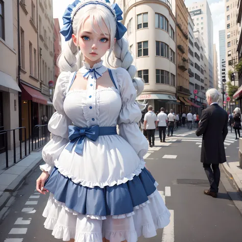 white color hair，Double ponytail curls，blue color eyes，White Lolita，Beth，A bustling city street