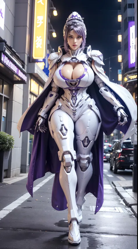 1GIRL, SOLO, (black ponytail hair, hair ornament), (HUGE FAKE BOOBS:1.3), (white, purple, FUTURISTIC MECHA ARMOR SUIT, ROYAL CAPE, CLEAVAGE:1.5), (SKINTIGHT YOGA HOTPANTS, HIGH HEELS:1.3), (GLAMOROUS BODY, SEXY LONG LEGS, FULL BODY:1.3), (LOOKING AT VIEWER...