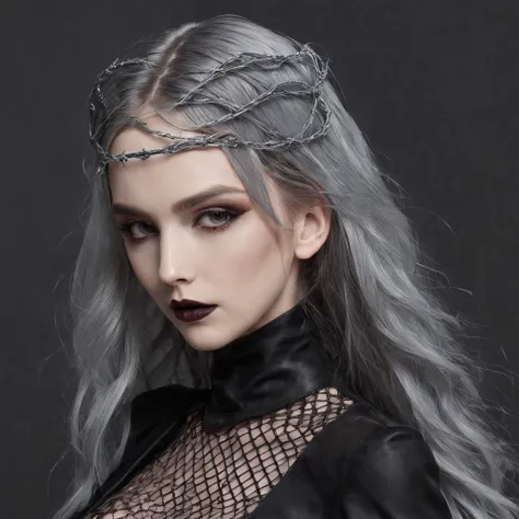 Girl with gothic net symbolic clothes, 。.com (Barbed wire of the body) brunette color hair，Gray hair ends