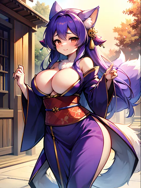 Furry, medium Boobs, Female, indigo fur, Kimono, fox girl, thicc, fluffy body