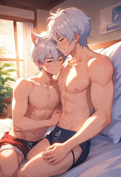 (cute male, 2 cat ears, smiling, white hair, shirtless, white jockstrap, cute boy, small body, no shirt, collar), (red haired cute male, shirtless, 2 wolf ears, bulge, red jockstrap, small body, cute boy, collar), 2 men, laying on bed, hugging, japanese ho...