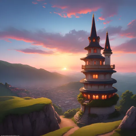 Anime kingdom on hilltop during sunrise