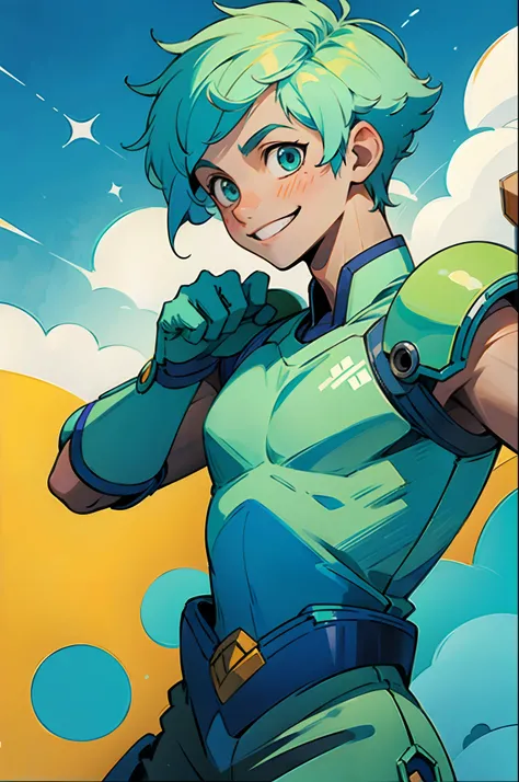 ((solo)), boy character, blue and mint colors, fighter, smile