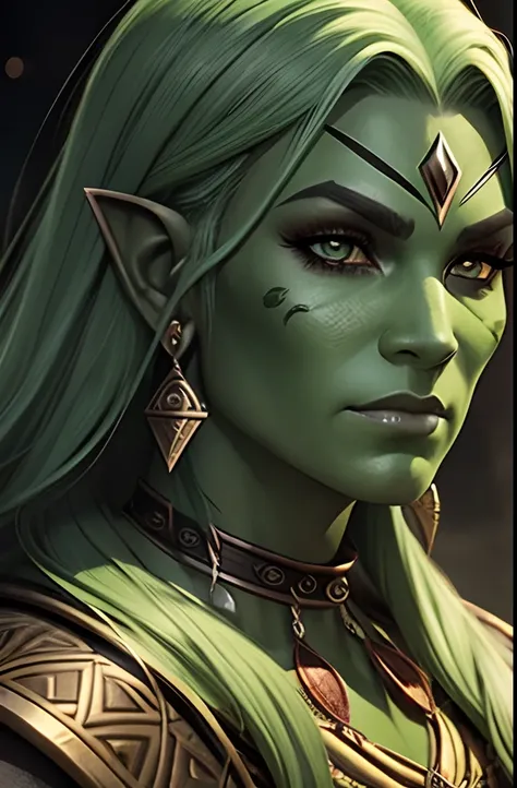 Green-skinned woman, Dungeons and Dragons, Half-Orc race, Spelljammer, Piercing eyes, Exquisite, Portrait style, Flat nose, Tribal facial markings