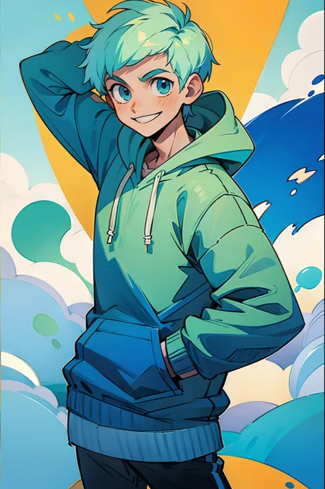 ((solo)), boy character, blue and mint colors, hoddie, fighter, smile