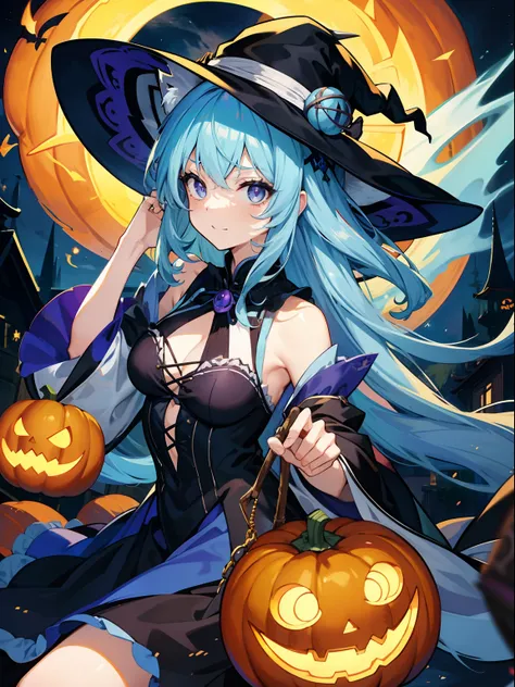 Long light blue hair, Twin-tailed, Glossy hair,Jack Lantern、Clothes with exposed shoulders and chest、Lying Pose、Friday the 13th, Jason、Obake pumpkin、Witch with a huge jack-lantern on her head、High Definition Pumpkin、Large pumpkin、She holds a large amount o...