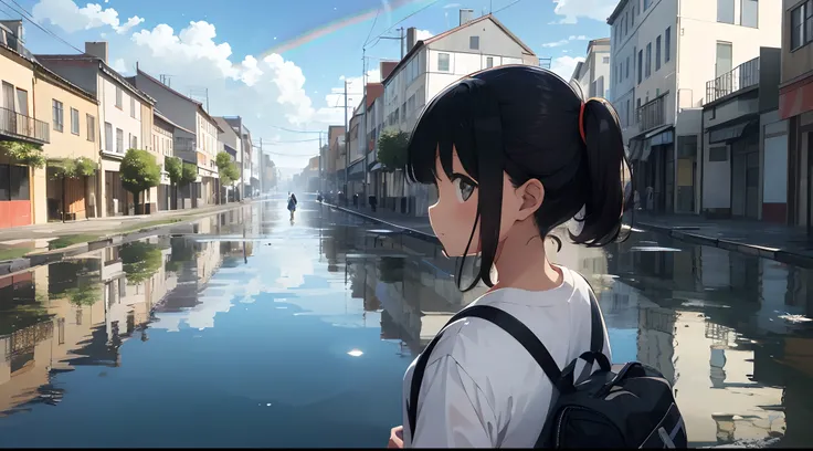 In the town on a clear day after the rain, there is a rainbow hanging in the sky, but a girl looks at the reflection in the water