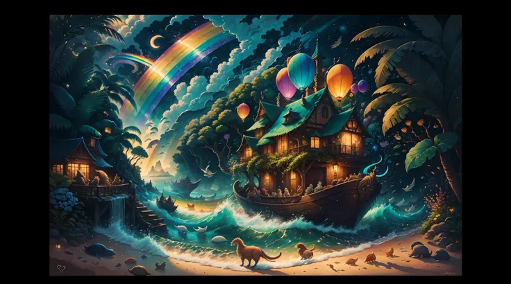 a serene, detailed painting of noah's ark, featuring a vibrant rainbow and diverse animal pairs peacefully embarking on their jo...