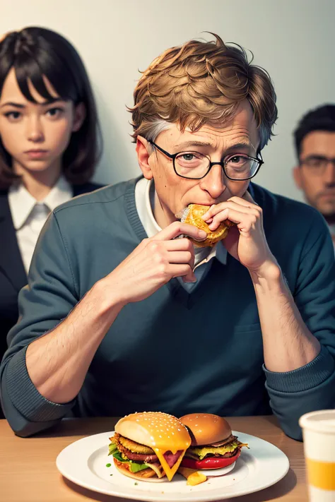 Bill Gates eating cheese burger at a meeting with everyone listening to his presentation