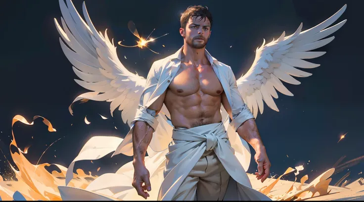 Man with large white feather wings on his back, large wings, Jamie Dornan, eyes of light, wearing a short black beard, wearing a Golden Crown, focus on the details of the face, rays coming out, serious and attractive man, shirtless, showing his chest , mag...