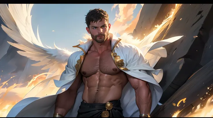 Man with large white feather wings on his back, large wings, Jamie Dornan, eyes of light, wearing a short black beard, wearing a Golden Crown, focus on the details of the face, rays coming out, serious and attractive man, shirtless, showing his chest , mag...