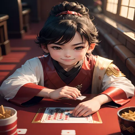 "In a luxurious casino, A boy dressed as a samurai is engaged in a game of poker with playing cards. Little Samurai, With a happy smile, Decorated with miniatures, Meticulously crafted armor, Embodying the spirit of ancient warriors. PlayingCards（Diamond A...