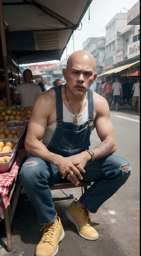 A semi-bald man is sitting on a chair in the bustling Divisoria market, selling fish. 

The mans appearance showcases his unique style. He is wearing a casual outfit consisting of a sando, which reveals his muscular arms and tattoos. His rugged attire is c...