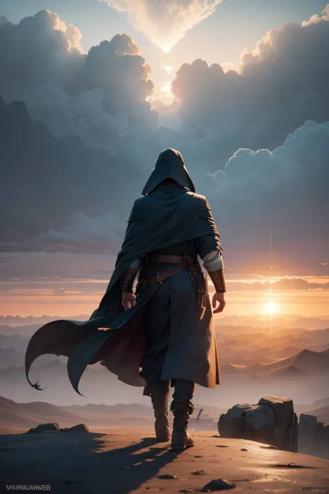 Ancient warriors in trench coats walk firmly into the distance，He wears a cloak on his head，中景 the scene is，facing away from the audience，（Vast desert:1.2），（Rolling white clouds:1.2），（Lonely smoke drifted into the sky:1.2），The smoke is thick，Eagles fly，（Th...