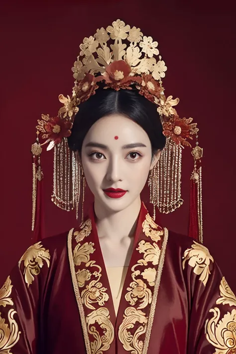 1. Mature girl ，Black color hair，Floating hair，Elaborate Eyes，Red antique damask Hanfu，Phoenix Guanxia，head gear，Wedding view，F1.8，tmasterpiece，Complexscenes，Gorgeous portrait shots