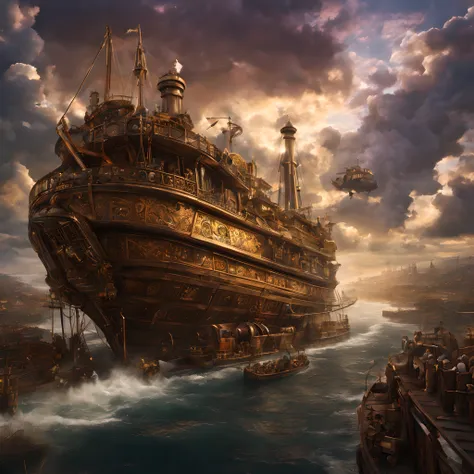 Composition: Craft a captivating and intricately composed scene within a fantastical steampunk world. The focus of the image should be on the grandeur of Noahs Ark, which looms magnificently in the foreground. Its colossal size should be emphasized, creati...