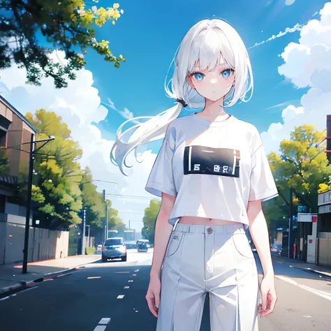 White hair，Low double ponytail，By bangs，White eyes，adolable，teens girl，white short sleeve，shorter pants，fully body photo，All body，Fingers and arms are not exposed，Blue sky and white clouds in the background street