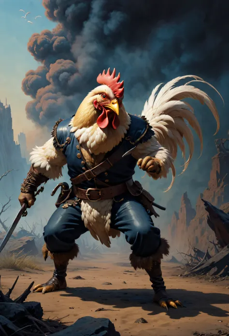 graphic violent fantasy art, in the art style of Frank Frazetta, the indomitable anthropomorphic, Chicken-Man, 32k UHD, hyper realistic, photorealistic, realistic, lifelike, real life, extremely detailed, sharp, vibrant, colorful, smokey, violent, graphic,...