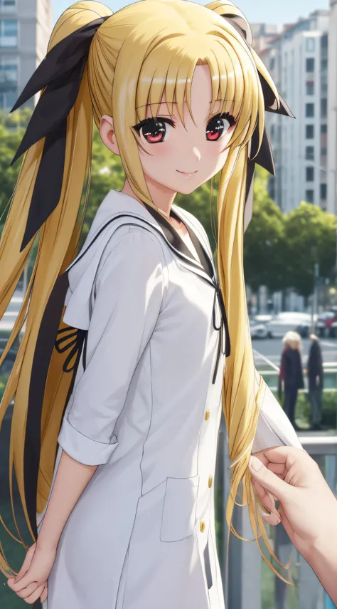 Fate Testarossa、one girls、length hair、Twin-tailed、a black ribbon、A smile、
(a closeup:1.2)、looking at the viewers、
plein air、A city scape、 (masutepiece:1.2), Best Quality, High resolution, Unity 8k壁纸, (Illustration:0.8),extra detailed face, Perfect Lighting...