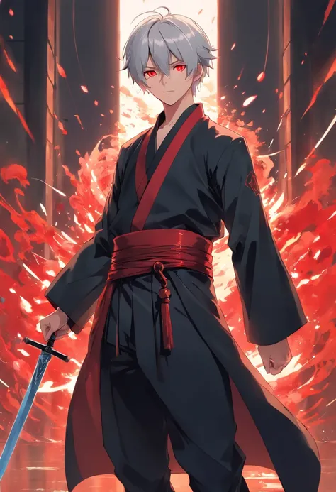 Young teenage man with white hair、It is blood-red eyes dressed in a black costume with silver accents holding a glass sword　animesque，Sharp eyes，Black Hakama，Short-haired upbank