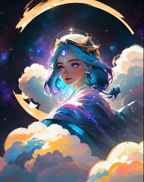 celestial goddess, floating, clouds,galaxy,nebula