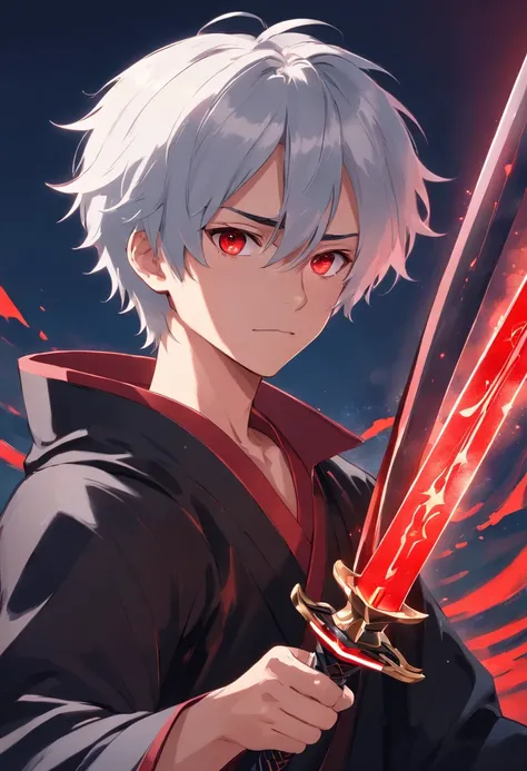 Young teenage man with white hair、It is blood-red eyes dressed in a black costume with silver accents holding a glass sword　animesque，Sharp eyes，Black Hakama，Short-haired allback