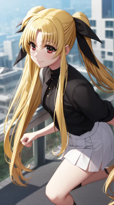 Fate Testarossa、one girls、length hair、Twin-tailed、a black ribbon、A smile、
(a closeup:1.2)、looking at the viewers、
plein air、A city scape、 (masutepiece:1.2), Best Quality, High resolution, Unity 8k壁纸, (Illustration:0.8),extra detailed face, Perfect Lighting...