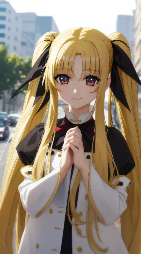 Fate Testarossa、one girls、length hair、Twin-tailed、a black ribbon、A smile、
(a closeup:1.2)、looking at the viewers、
plein air、A city scape、 (masutepiece:1.2), Best Quality, High resolution, Unity 8k壁纸, (Illustration:0.8), (Beautiful detailed eyes:1.6), extra...