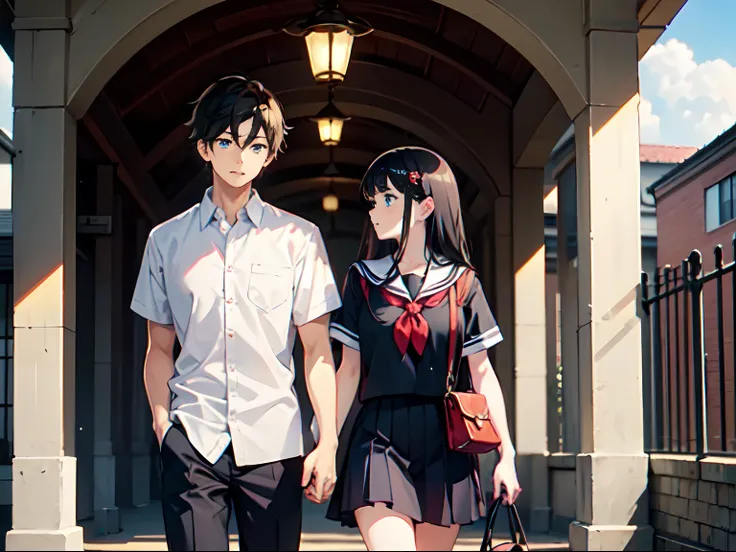 School, School Gate, (1 girl: 1.5), (1 boy: 1.5), (Two people: 1.5), // Anime boy with black short sleeves, Anime Boy at the School Gate, // Anime girl in uniform, Handbag with blue eyes, Beautiful anime schoolgirl with long black hair,