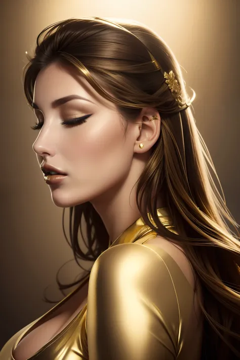 lucy pinder, face portrait, profile, mouth wide open, eyes closed, ((Gold lipstick))