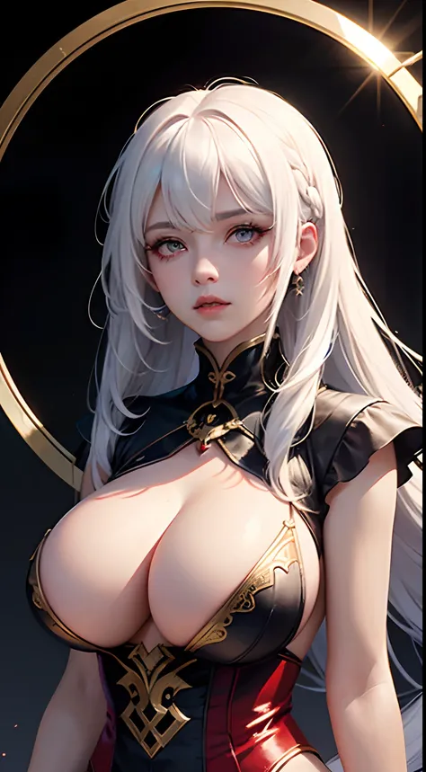 Masterpiece, High quality, hcnone, Pixel art, 1girll, White hair, pony tails, Red gothic dress, Simple gold background, Death gaze, Solar eclipse background，huge tit，gigantic cleavage breasts