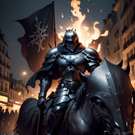 Triumphant Knight with black armor and holding a black shield with an iron cross symbol in paris razed at night