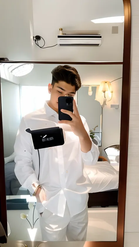 A boy wearing white shirt taking mirror selfie in a luxurious house , taking the photo with iPhone 11, high quality