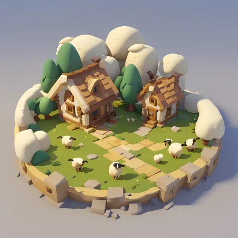 Game architectural design, Cartoony,pastures，lamb，Sheep shearing，Sheep match the architecture，casual game style, 。.。.。.。.。.3D, blender，closeup cleavage，tmasterpiece，super detailing，best qualtiy